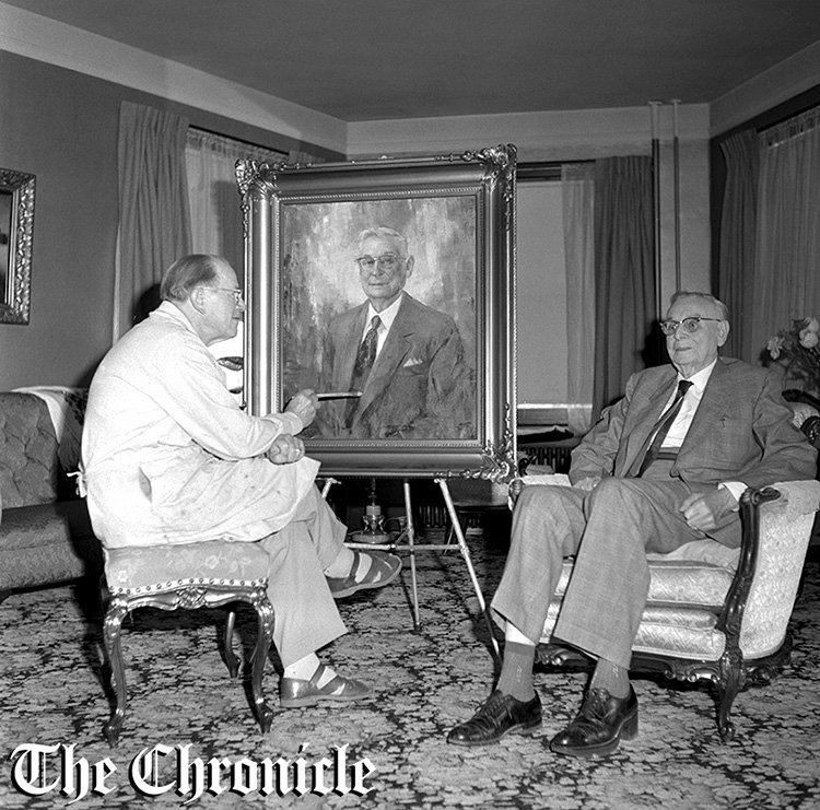 From the August 1959 Chronicle archives: “A NATIONALLY—known artist, Roy Keister, from Texas, is shown at work on a fine oil painting of Chehalis pioneer W. F. West, at right. The painting was done from photos of Mr. West and from sitting by elder Chehalin. Painting is hung in W. F. West high school. - Chronicle Staff Photo.”